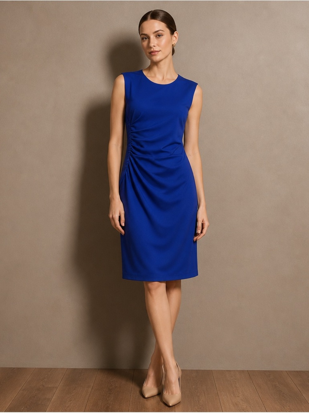 Calvin Klein Womens Ruched Sheath Knee Length Dress Size 8 Royal Blue Crew Neck